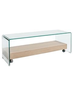 TV stand, 12 mm tempered glass surface, MDF frame, transparent/ sonoma, 130x40xH45 cm