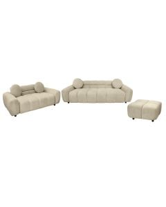 Divan 3+2+pupë, tapiceri tekstili, krem, 3P:(224x82xH64 cm)x2P:(163x82xH64 cm)x(80x80cm)