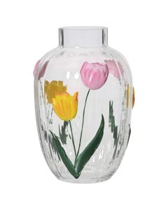 Decorative vase, glass, clear with flowers, Dia.14xH22 cm