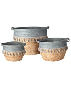 Decorative basket, set 3-pieces, willow/rattan, natural/blue, S:Dia18xH27 cm, M:Dia.22xH28 cm, L:Dia.24.5xH36 cm