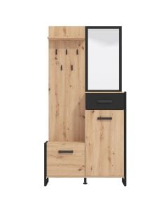 Hall unit, Oleron, MDF and melamine+mirror, artisan oak/black, 94.5x33.5xH191 cm