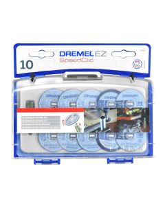 Set da taglio con sistema SpeedClic con perno, 6pz dischi per taglio metallo, 2pz dischi per taglio fine, 2pz dischi per taglio plastica e mini-set porta accessori.