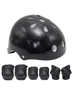Set of bicycle helmets and knee pads, mixed colors