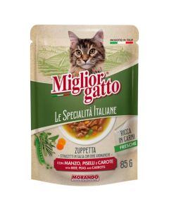 Ushqim për mace, Miglior Gatto, 85 g, me mish viçi, bizele dhe karrota
