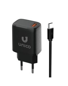 Charger + plug, Unico, HC4469, 18 W, USB input, USB - Type-C plug, black color