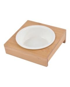 Ceramic pet food bowl with bamboo holder, Love Story, bowl 12XH4 cm, holder 14x14 cm, white color