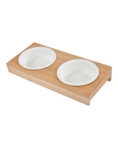 Double ceramic pet food bowl with bamboo holder, Love Story, bowl 12XH4 cm, holder 30x14 cm, white color
