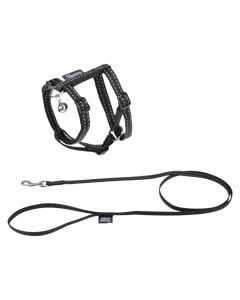 Trupore dhe litar drejtues për mace, Love Story, gjoks 20-28 cm, litar 120 cm, ngjyrë e zezë