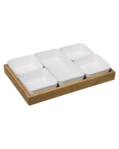 Set of antipasti bowls with trays, porcelain/bamboo, white/natural, 28 x 18.8 x  H. 4.6 cm