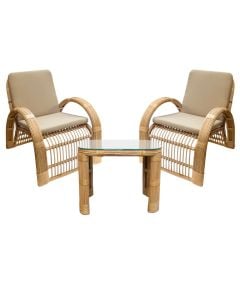 Set of 2 teak chairs + 1 coffee table, rattan, natural color, W74xB90xH90 cm, table W60xB45xH47 cm