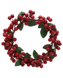 Decorative wreath, PE, green color with red decorations, 35 cm