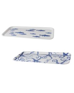 Serving tray, melamine, white/blue, 34x17 cm