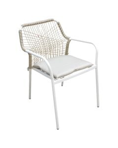 Karrige me krahe per ambient te jashtem, metalike, ngjyre e bardhe, thurrje bezhe, shilte gri, 55x61xH84 cm