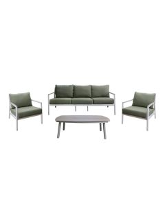 Set alumini per ambient te jashtem, strukture ngjyre krem, shilte gri e erret, 2 kolltuk tek + 1 sofa 3 vendese + 1 tavoline, kolltuku tek 66x80xH73 cm, sofa 202x80xH73 cm, tavolina 100x60xH34 cm