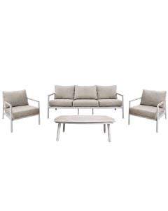 Set alumini per ambient te jashtem, strukture ngjyre krem, shilte gri e hapur, 2 kolltuk tek + 1 sofa 3 vendese + 1 tavoline, kolltuku tek 66x80xH73 cm, sofa 202x80xH73 cm, tavolina 100x60xH34 cm