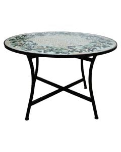 Mosaic table, metal/ceramic, black structure, olive motif top, D120xH75 cm