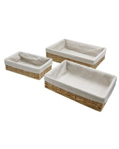 Set me shporta buke (3 copë), metalike/kashtë/pambuk, natyrale/e bardhë, 35x25x9 / 30x20x8 / 27x17x7 cm