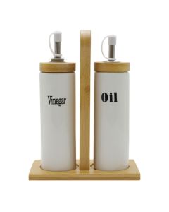 Set of Oil/Vinegar holder, ceramic/bamboo, white/natural, 15x7x19 cm