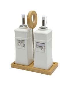 Set of Oil/Vinegar holder, ceramic/bamboo, white/natural, 13x5.5 cm