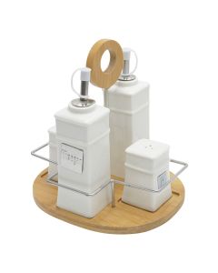 Oil/Vinegar/Salt/Pepper holder set, ceramic/bamboo, white/natural, 16x18x19 cm