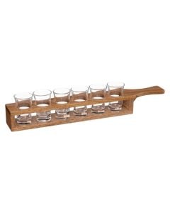 Rack of 6 Victor shooters, glass/wood, transparent/natural, 2.4 cl / 41x7.5x5.5 cm