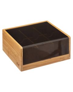 Teabox with 6 compartments, bamboo/plastic, brown/black, 21.8x21x10 cm
