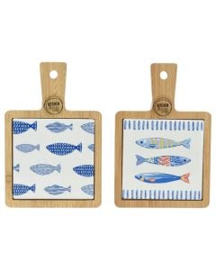 Sea cutting board with handle, porcelain/bamboo, blue/natural, 18x12x1 cm