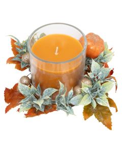 Decorative candle with Christmas motifs, orange color with leaves, D. 8 x H. 9 cm