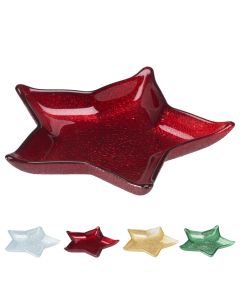 Christmas decorative plate, Star, glass, red/white/gold/green, 15 cm