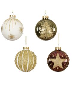 Sfere dekoruese, qelq, ngjyre gold, e bardhe, jeshile, e kuqe