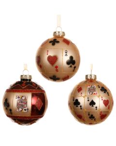 Sfere dekoruese, qelq, ngjyre e kuqe, gold me dekor Poker, D8 cm