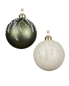 Decorative sphere, glass, white color, green with snow decor, D8 cm