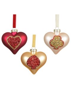 Objekt dekorues me varje, qelq, Heart, ngjyre e kuqe, gold, e bardhe, L.8cm x W.4.5cm x H.8.7cm