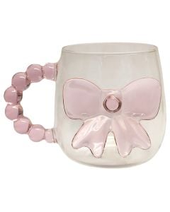 Mug with a handle and a bow, glass, transparent/pink, Dia. 7.7 x H 10 cm