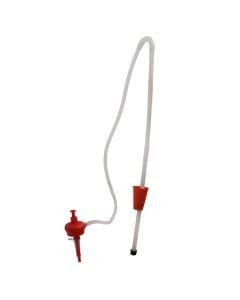 Blow-operated transfer pump with automatic tap for liquids, plastic, transparent/red