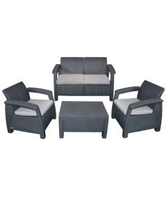 CORFU set 2 Chairs + 2-Seat SOFA + 1 Table, plastic/Rattan weaving, graphite/grey
