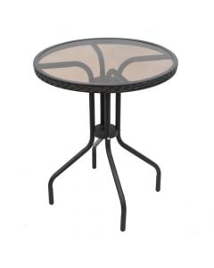 Tavolinë e rrumbullakët Bistro, qelq / metalike,thurje ratan në anësore, Dia. 60 cm L.70cm