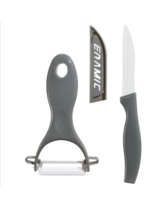 Thikë + qëruese, qeramike, gri, thika: 17.5 cm; qëruesja: 8x13 cm