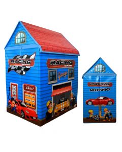 Sënduk i palosshëm për lodra, në formë shtëpie, Garage, karton, tekstil dhe PVC, 34x44x65 cm, e kuqe dhe blu, 1 copë