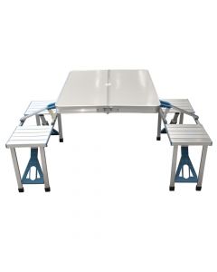 Folding camping table set with benches, aluminum, 60x120 cm, silver, 1 piece