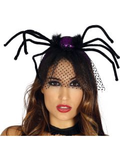 Headband with spider, for Halloween, plastic and nylon, 29 cm, black and purple, 1 piece