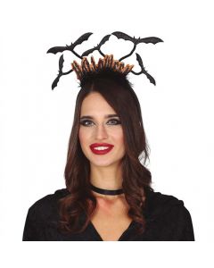 Headband with bats, for Halloween, plastic and nylon, 29 cm, black and orange, 1 piece