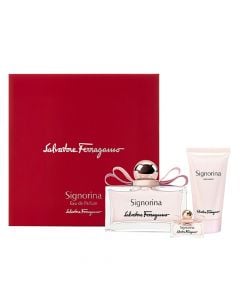 Set Eau de Parfume (EDP) per femra, Salvatore Ferragamo. Parfume 100 ml, 50 ml, locion trupi  5 ml, 3 cope
