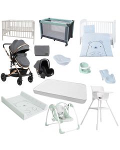 Set për bebe, për djem, karrocë, krevat druri, dyshek, carcaf, vaskë+suport, ulëse dushi, ndërruese, karrige relaxi, karrige ngrënie, krevat portativ, 11 pjesë, mikse, 0 muajsh +
