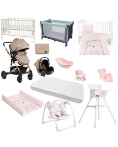 Set for baby, for girls, stroller, wooden bed, mattress, carcaf, bathtub+support, shower seat, changing table, relax chair, dining chair, portable bed, 11 pieces, mix, 0 months +