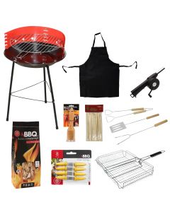 BBQ and accessories set, barbecue, barbecue accessories, corn holder, cleaning brush, fire starter, grill, apron, fire blower, bbq sticks, 9 pieces, mix, 1 pack