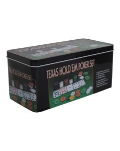 Poker set, metal packaging, contains the mat, chips, cards
