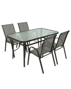Table set + 4 chairs, metal+glass, black, table 140x80x70cm, chairs 54x76x92cm