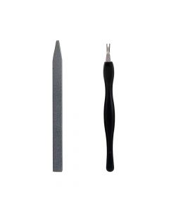 Set nail file + cutter pusher, Miniso, stainless steel, 6x1,2 cm, silver and black, 2 pieces