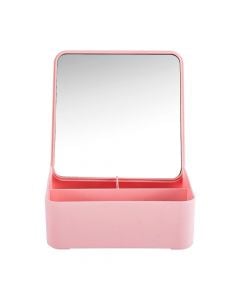 Pasqyrë me mbajtëse kozmetike, Miniso, polipropilen dhe qelq, 15x15x6.5 cm, rozë, 1 copë